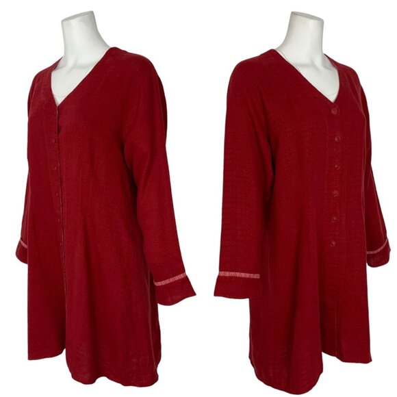 Flax Linen Jacket Blazer M Red V-Neck Button Front Tunic Lagenlook Bohemian - Picture 3 of 12